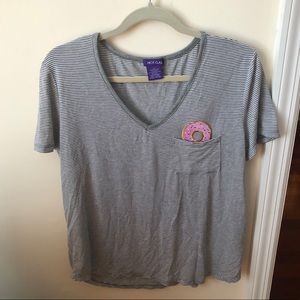 Women’s Donut Embroidered Grey and White Stripe V-neck Pocket Tee